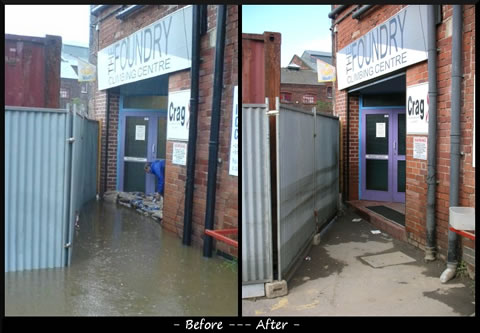 Foundry front door, before and after the flood